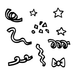 Doodle confetti set. Happy Birthday.Black on white. Vector illustration