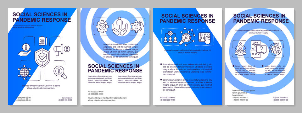 Social Sciences In Pandemic Response Blue Brochure Template. Leaflet Design With Linear Icons. Editable 4 Vector Layouts For Presentation, Annual Reports. Arial, Myriad Pro-Regular Fonts Used