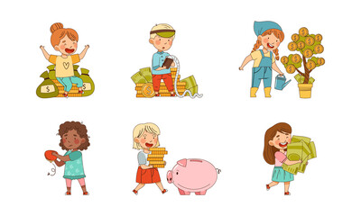 Cute successful business kids set. Rich little children with bundles of money and golden coins vector illustration