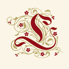 Ornamental Initial Letter L With Golden Tendrils, Leaves  And Small Burgundy Flowers On A Beige Background