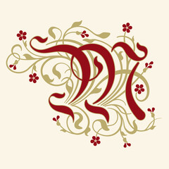 Ornamental Initial Letter M With Golden Tendrils, Leaves  And Small Burgundy Flowers On A Beige Background