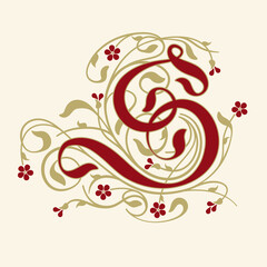 Ornamental Initial Letter S With Golden Tendrils, Leaves  And Small Burgundy Flowers On A Beige Background