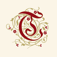 Ornamental Initial Letter T With Golden Tendrils, Leaves  And Small Burgundy Flowers On A Beige Background