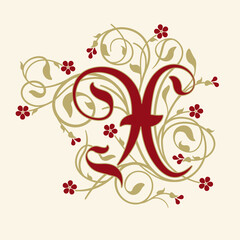 Ornamental Initial Letter X With Golden Tendrils, Leaves  And Small Burgundy Flowers On A Beige Background