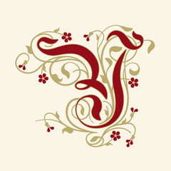 Ornamental Initial Letter Y With Golden Tendrils, Leaves  And Small Burgundy Flowers On A Beige Background