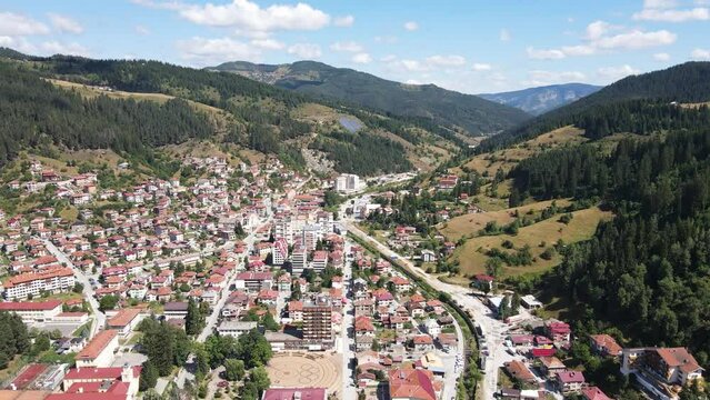 Aerial view of the famous Bulgarian ski resort Chepelare, Smolyan Region, Bulgaria