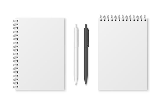 Mockup blank closed notepad  isolated on white background.  Template spiral copybook or organizer. White and black pen.