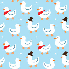 Seamless Pattern with Cartoon Duck Design on Blue Background