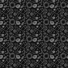 Black and white Seamless space pattern. Cosmos background. Doodle vector space illustration with planets, comet, stars, moon, sun and black hole