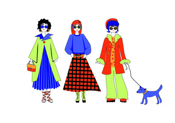 A simplified drawing of three unconventionally dressed girls on a walk with a dog on a white background. Fashionistas in orange, blue and lettuce