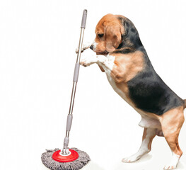 funny beagle dog with a mop cleans on a white background, clearing