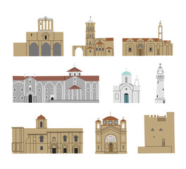 Vector color hand drawn illustration with Cyprys churches and monasteries. Stone Orthodox Christian Greek Arhitecture buildings set - obrazy, fototapety, plakaty