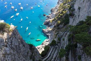 Italy, scenic views of Capri Island and faraglioni from Augustus Gardens.