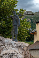 Skier sculpture in the traditional mountain village of Panticosa in the Pyrenees. Huesca