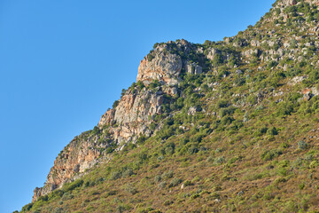 Landscape view of mountains in Hout Bay in Cape Town, South Africa during summer holiday and vacation. Scenic hills, scenery of fresh green flora growing in remote area. Exploring nature and the wild