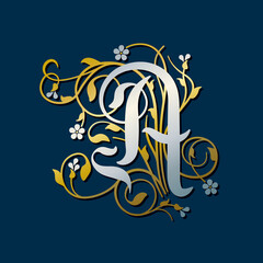 Ornamental Silver Initial Letter A With Golden Tendrils, Leaves And Forget-me-not Flowers On A Dark Blue Background