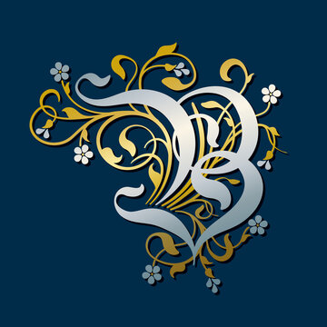 Ornamental Silver Initial Letter B With Golden Tendrils, Leaves And Forget-me-not Flowers On A Dark Blue Background