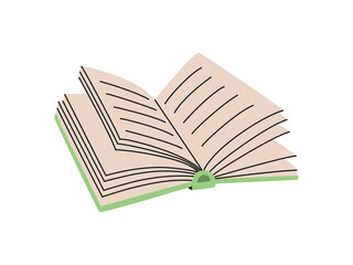 Open book. Reading and education concept. Hand drawn vector illustration isolated on white background. Modern flat cartoon style.
