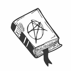 Dark magic spell book cartoon drawing, cute black and white wiccan grimoire. Isolated vector illustration.