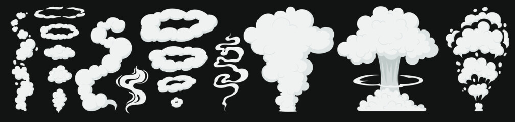 Smog smell collection, puff smoke, explosion elements. Steaming cloud flows, clouds vector illustrations set. Cartoon smoke or dust clouds, smoke puff, stream cloud elements. Steaming dust silhouettes
