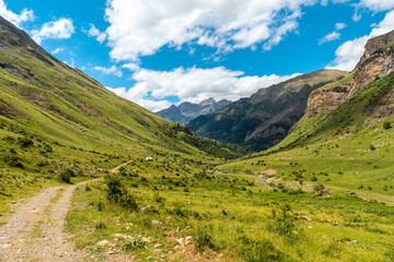 Mountain path in the Ripera valley in summer, Pyrenees Mountains in summer