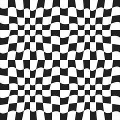 Checkered cells are fluid curves. Decoration and print for surfaces, decor decoration. Black and white checkers seamless.