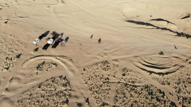 Aerial Drone Shot of Dirt Bike and ATV Pit Riding in the Desert near Reno, Nevada.