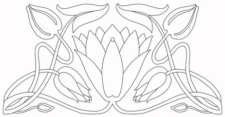 Vintage drawn tree branches with leaves and flowers on white background.