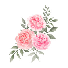Pink and Red Rose Flowers Watercolor vector isolated on white background. Vintage Flowers and Leaves graphic for wedding, invitation card. Floral illustration