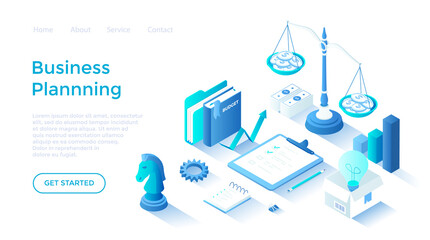 Business Planning. Startup, success strategy, target, idea, investment, money making. Business plan on clipboard, budget. Isometric illustration. Landing page template for web on white background.