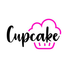 Banner con texto manuscrito Cupcake. Logotipo de pastelería. Vector con silueta de magdalena con líneas. Color rosa y negro