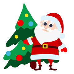 Santa Claus near the Christmas tree in cartoon style.Christmas character design. Flat style illustration isolated on white background.