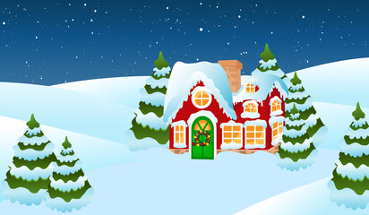 House on a snow-covered valley in the village. Housing Santa Claus in the snow near the Christmas trees. It's snowing in the background. Family evening festive landscape.