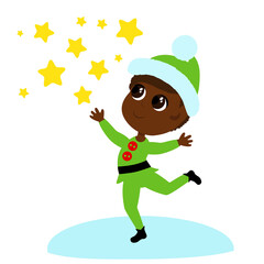Little cute elf runs and scatters the stars. The child is happy and smiling. The boy is wearing green elf clothes. Cartoon Christmas illustration isolated on white background.
