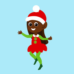 The elf girl jumps cheerfully and joyfully. Santa's helper is dressed in a traditional green and red costume. Christmas vector cute character.