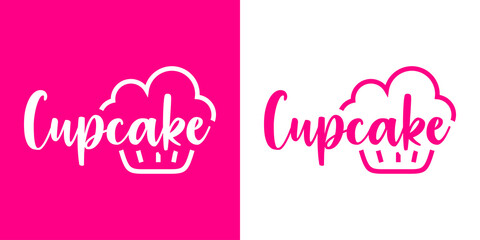 Banner con texto manuscrito Cupcake. Logotipo de pastelería. Vector con silueta de magdalena con líneas. Fondo rosa y fondo blanco