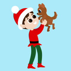 An elf holds a dog in his hands. Santa's helper is dressed in a red and green ivory. Christmas character is happy and smiling.
