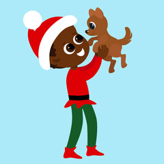 Elf plays with his pet puppy. Santa's helper is dressed in a red and green ivory. Christmas character is happy and smiling.