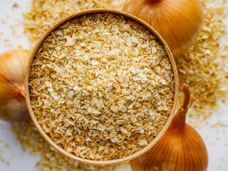 dried onions on a white acrylic background