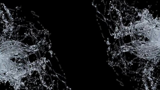 Water Splash Slow-Motion on black background with alpha mask. 3d illustration.