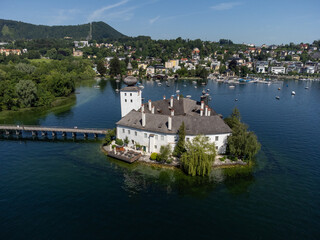 Fototapeta na wymiar aerial photo of Schloss Ort in Gmunden in Austria