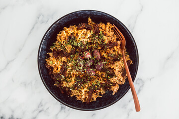 healthy plant-based food, vegan noodles with sundried tomatoes and olives