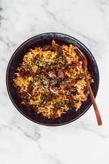 healthy plant-based food, vegan noodles with sundried tomatoes and olives