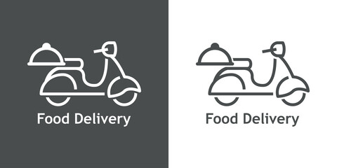 Logo reparto de comida a domicilio. Vector con silueta de scooter con bandeja de comida con tapadera y texto Food Delivery con líneas. Fondo gris y fondo blanco 