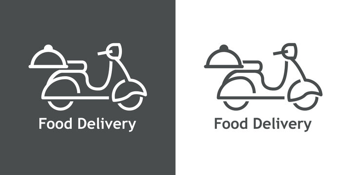 Logo reparto de comida a domicilio. Vector con silueta de scooter con bandeja de comida con tapadera y texto Food Delivery con l&iacute;neas. Fondo gris y fondo blanco
