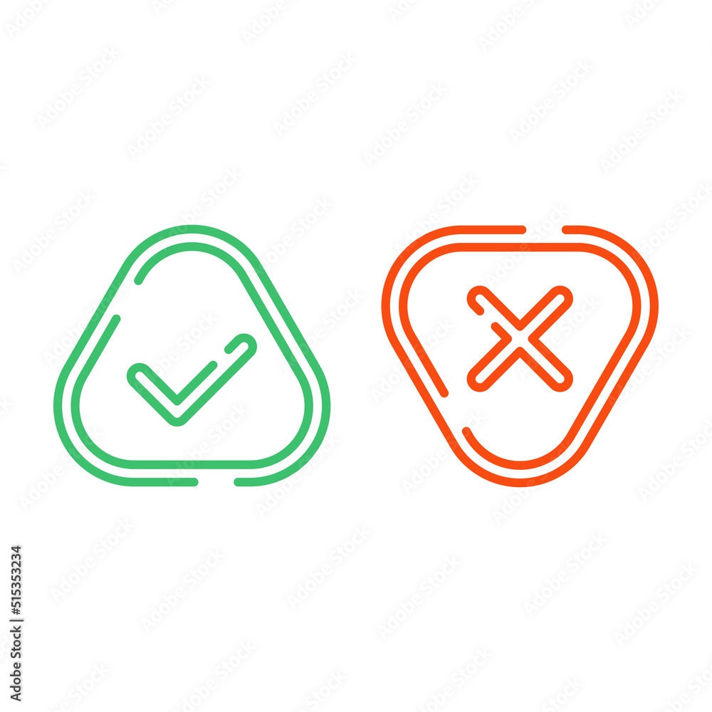 Poster thin line check mark icons set isolated on white background. green tick and red cross checkmarks but