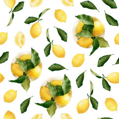 Watercolor seamless pattern with lemons, green leaves isolated on white background. Citrus fruit. Hand-drawn summer food backdrop for fabric, clothing, wrapping paper, decor