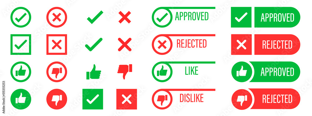 Poster set of check mark icons. approved and rejected emblems.