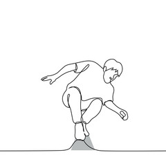 man squatted down balancing on toes - one line drawing vector. concept of difficult path, danger of parkour, metaphor for balancing between circumstances and phenomena of life