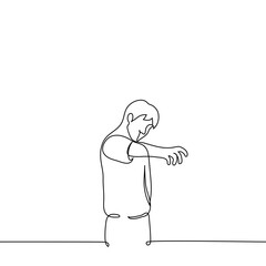 Obraz premium man standing with outstretched hand palm down his fingers spread wide as if he wants to grab something - one line drawing vector. concept desire or dream